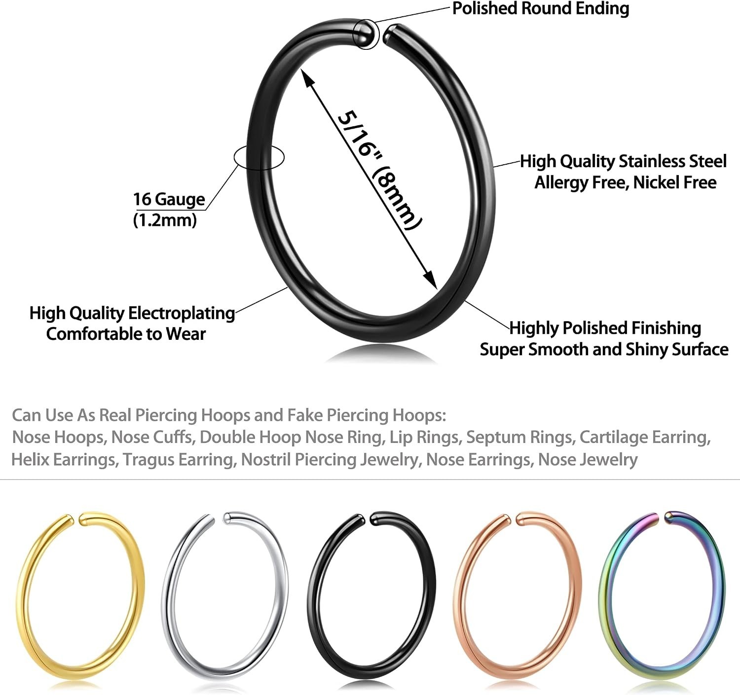 10Pcs Adjustable Nose Rings in Gold, Silver, Rose Gold – Stylish Faux Piercings