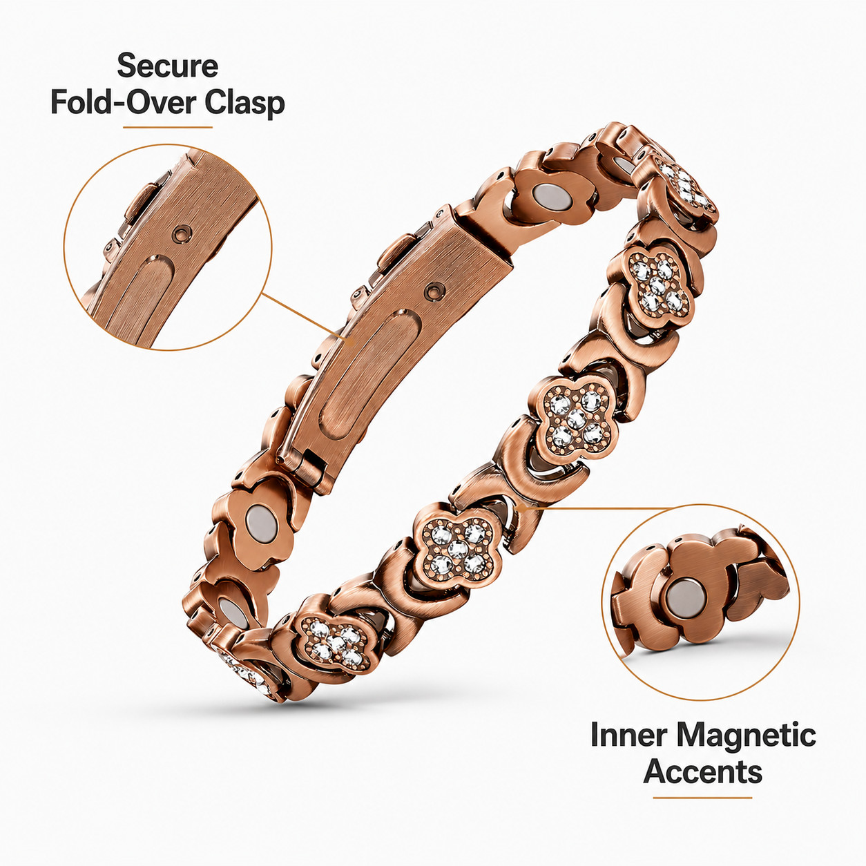Women’s Copper Magnetic Bracelet Clover Crystal Adjustable Pain Relief Arthritis