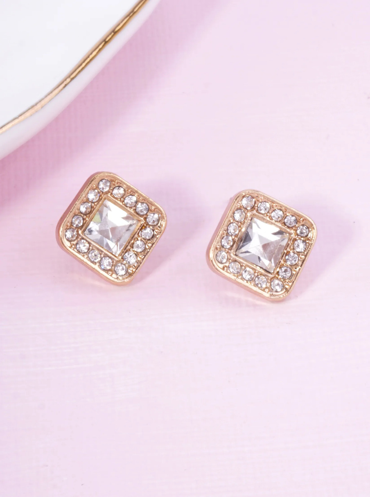 Soft Square Glass Rhinestone Stud Earrings 0.4in, Gold or Silver Tone