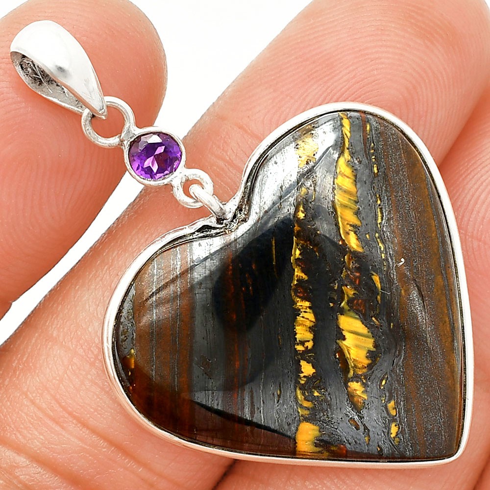 Heart – Iron Tiger Eye & Amethyst 925 Sterling Silver Pendant Jewelry P-1098