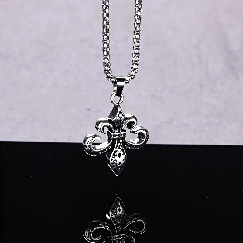 Silver Tone Fleur-de-Lis Charm Pendant Necklace, Curb Chain, Stainless Steel