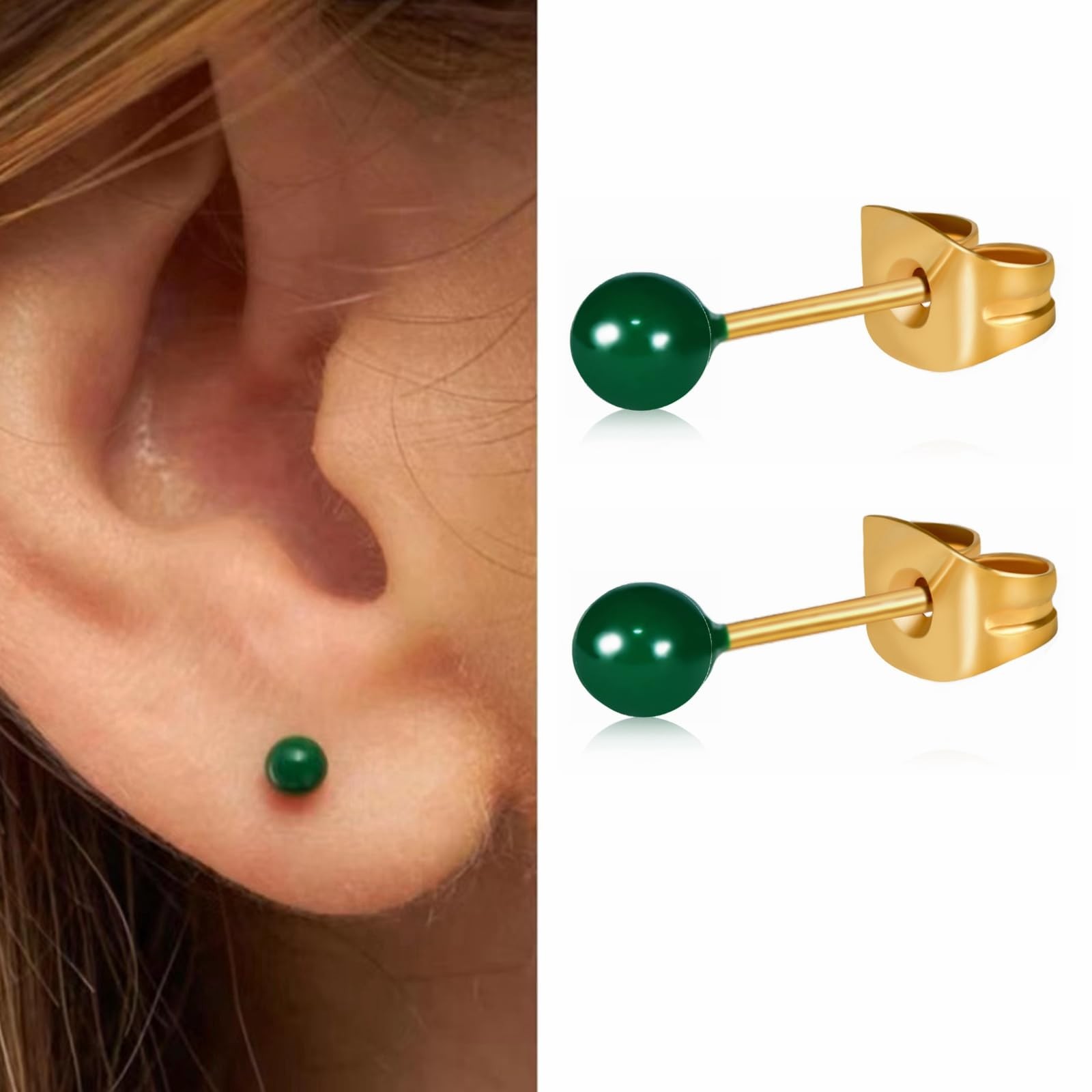 14K Gold Surgical Steel Small Ball Stud Earrings for 3mm, Green 3mm 1 Pairs