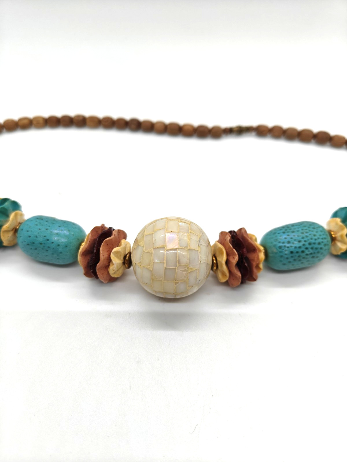 Wooden Boho Necklace Mother Of Pearl Bead Blue Yellow Pink Brown Colorful