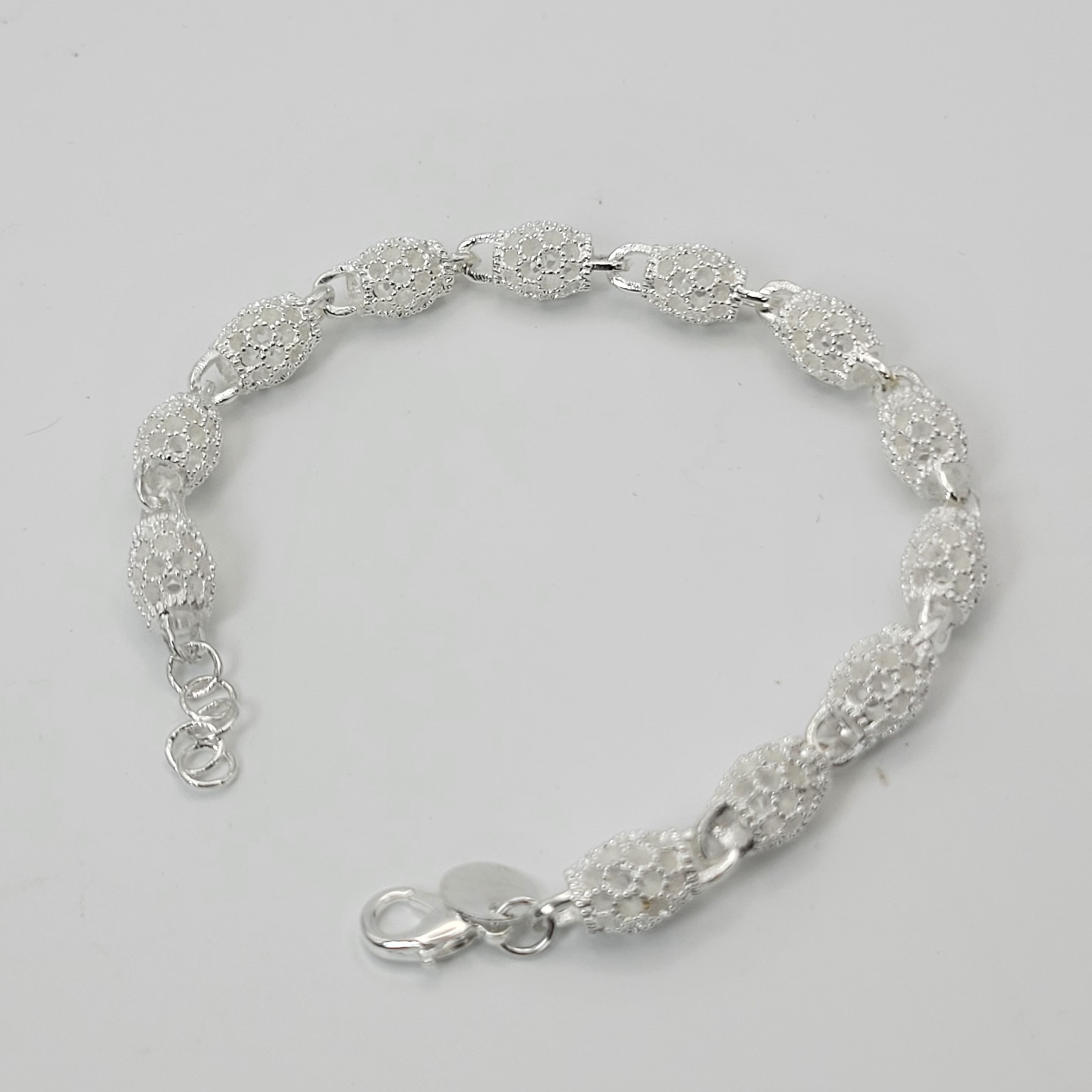 Filigree Oval Bead Link Bracelet Silver Tone Lobster Clasp Adjustable READ