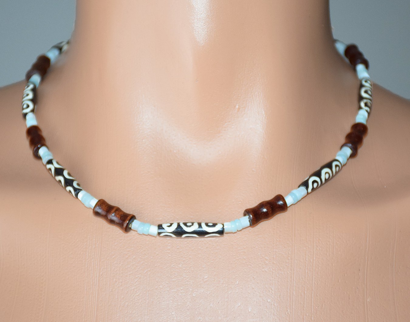Hairpipe Buffalo Bone, Carved Wood, Mother Of Pearl & Amazonite Necklace 19″