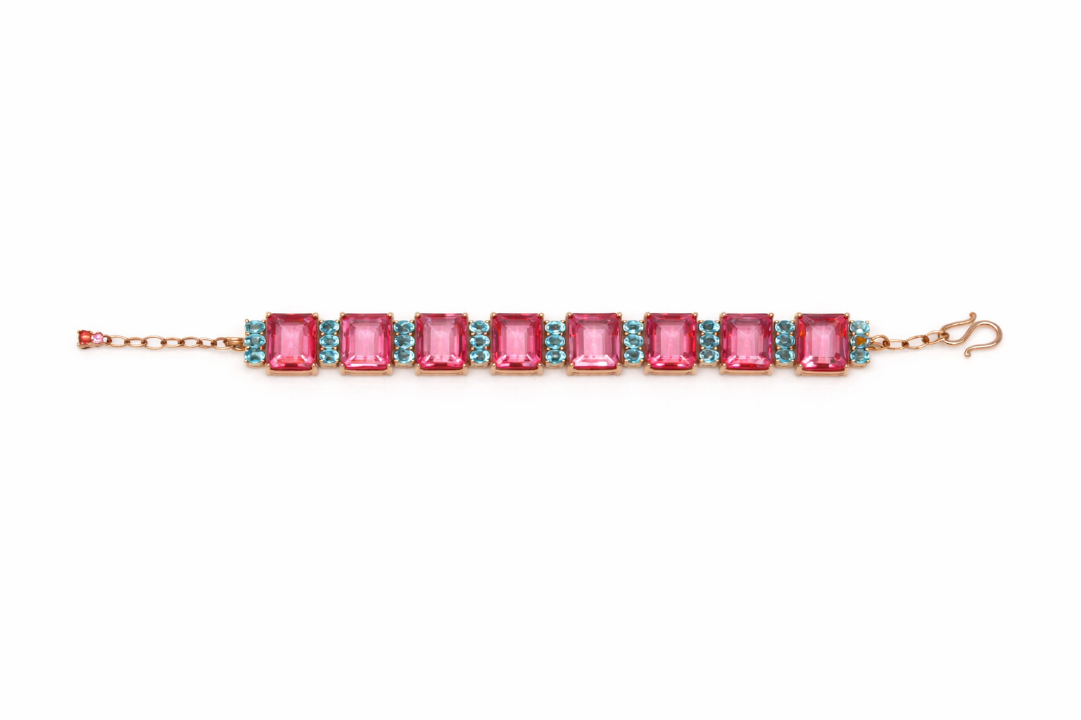 Thai Handmade Pink Mystic Topaz(114.2 ct.) Sea Foam Blue Zircon Bracelet 7.5 In.