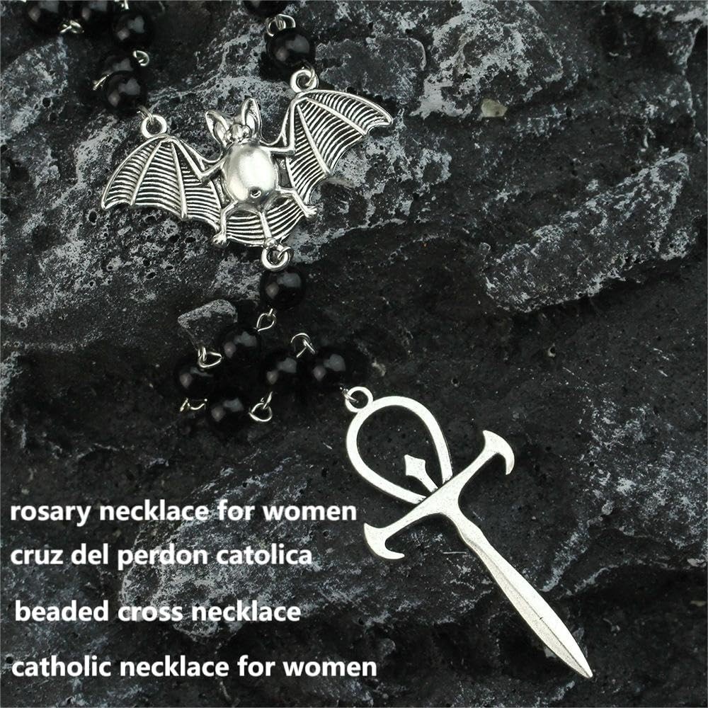 Ankh Cross Bat Necklace Religious Grunge Gothic Vampire Black Long Rosary Bea…
