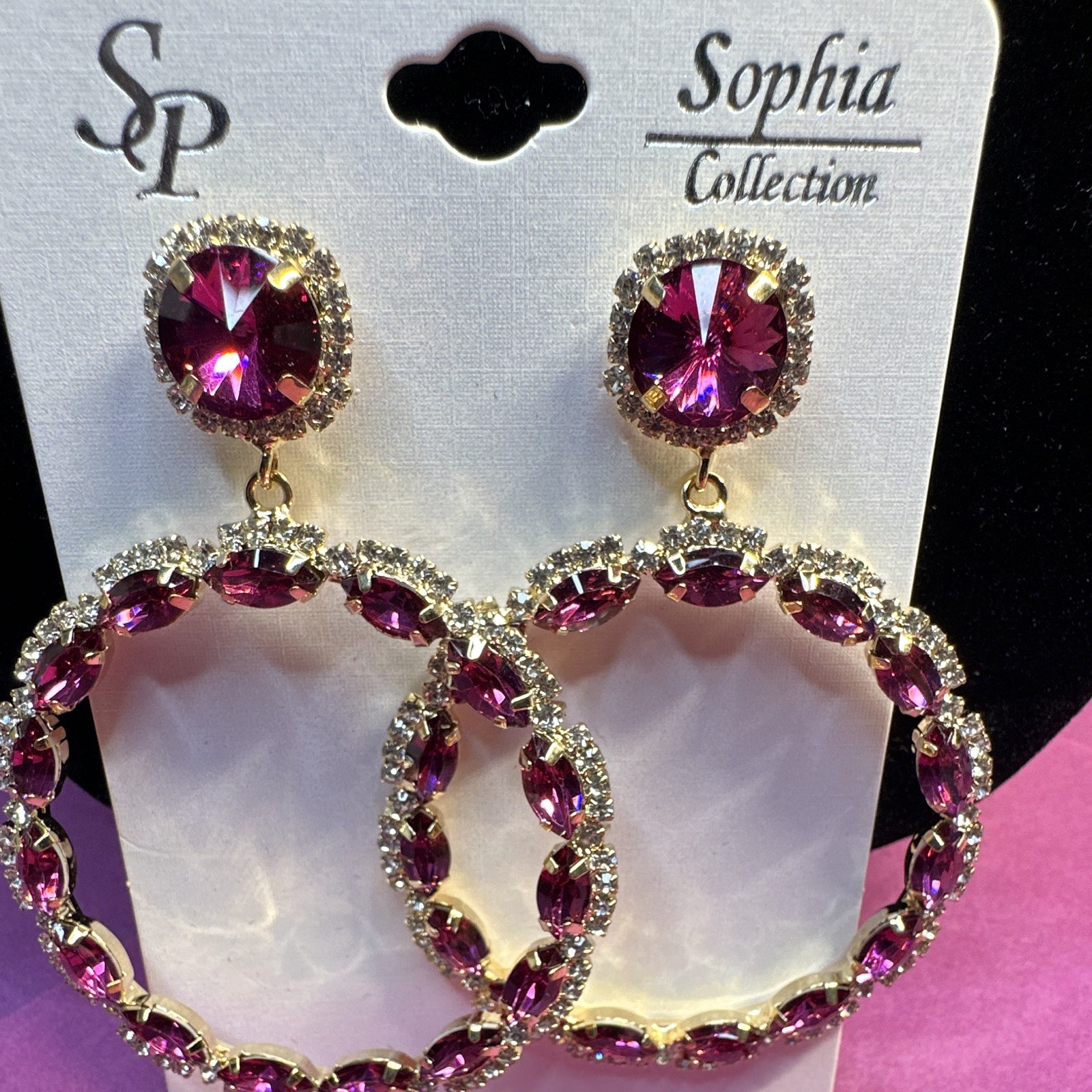 Sophia Collection Pink Crystal Hoop Dangle Earrings Butterfly Back Nickel-Free