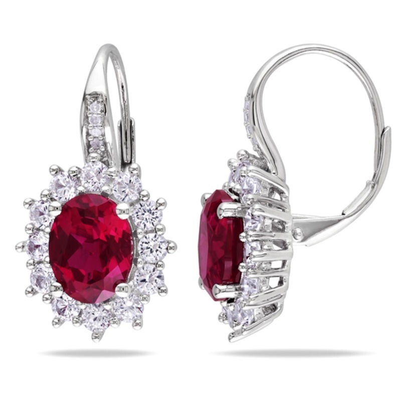 9x7mm Oval Simulated Ruby Halo Drop/Dangle Leveback Earrings White Gold Plated