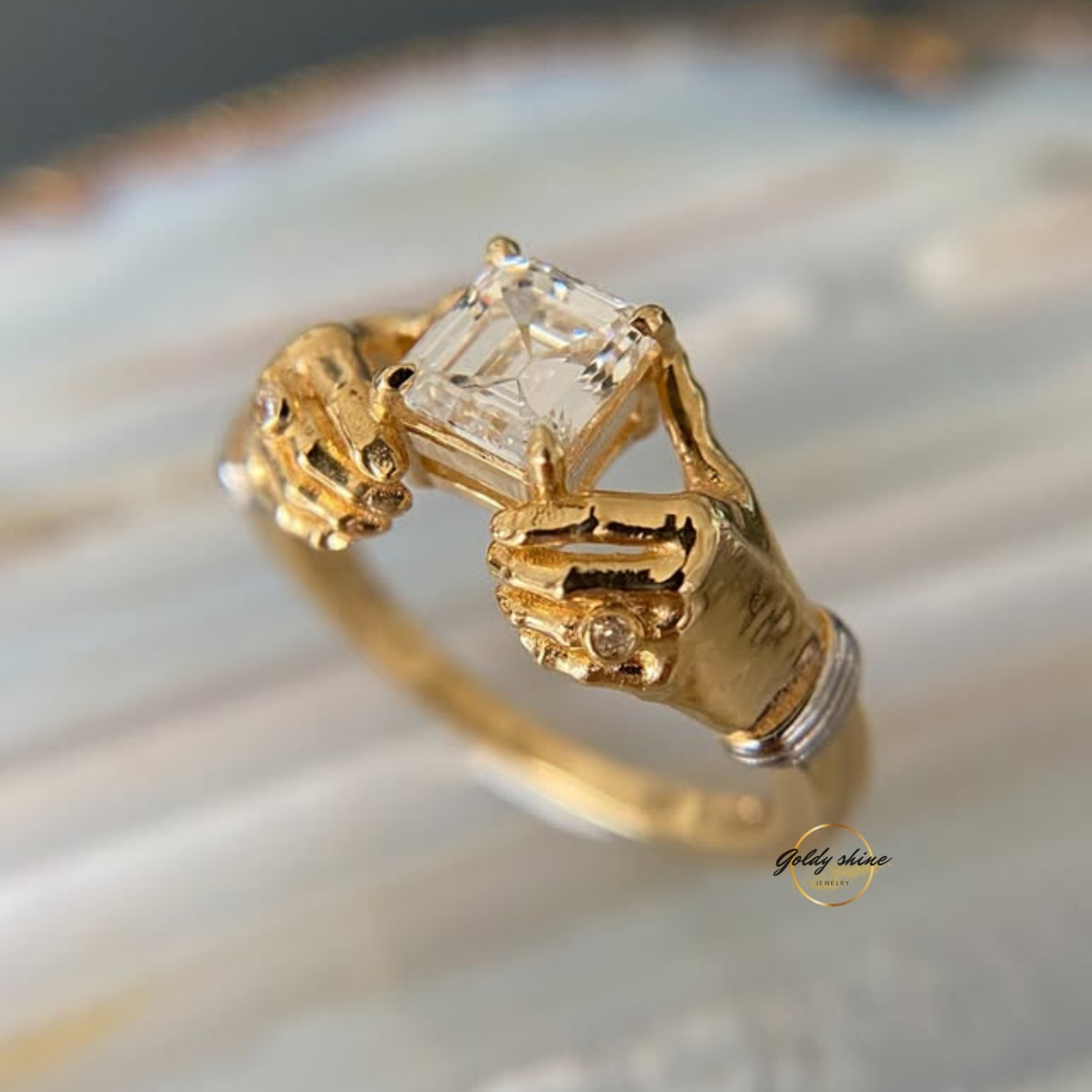 1 Ct Asscher Cut Moissanite Grasping Hands Artistic Ring 14K Yellow gold plated