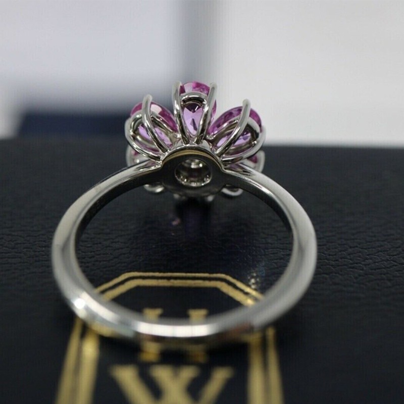 2.20Ct Pear Cut Simulated Pink Sapphire Flower Ring 14K White Gold Plated Silver