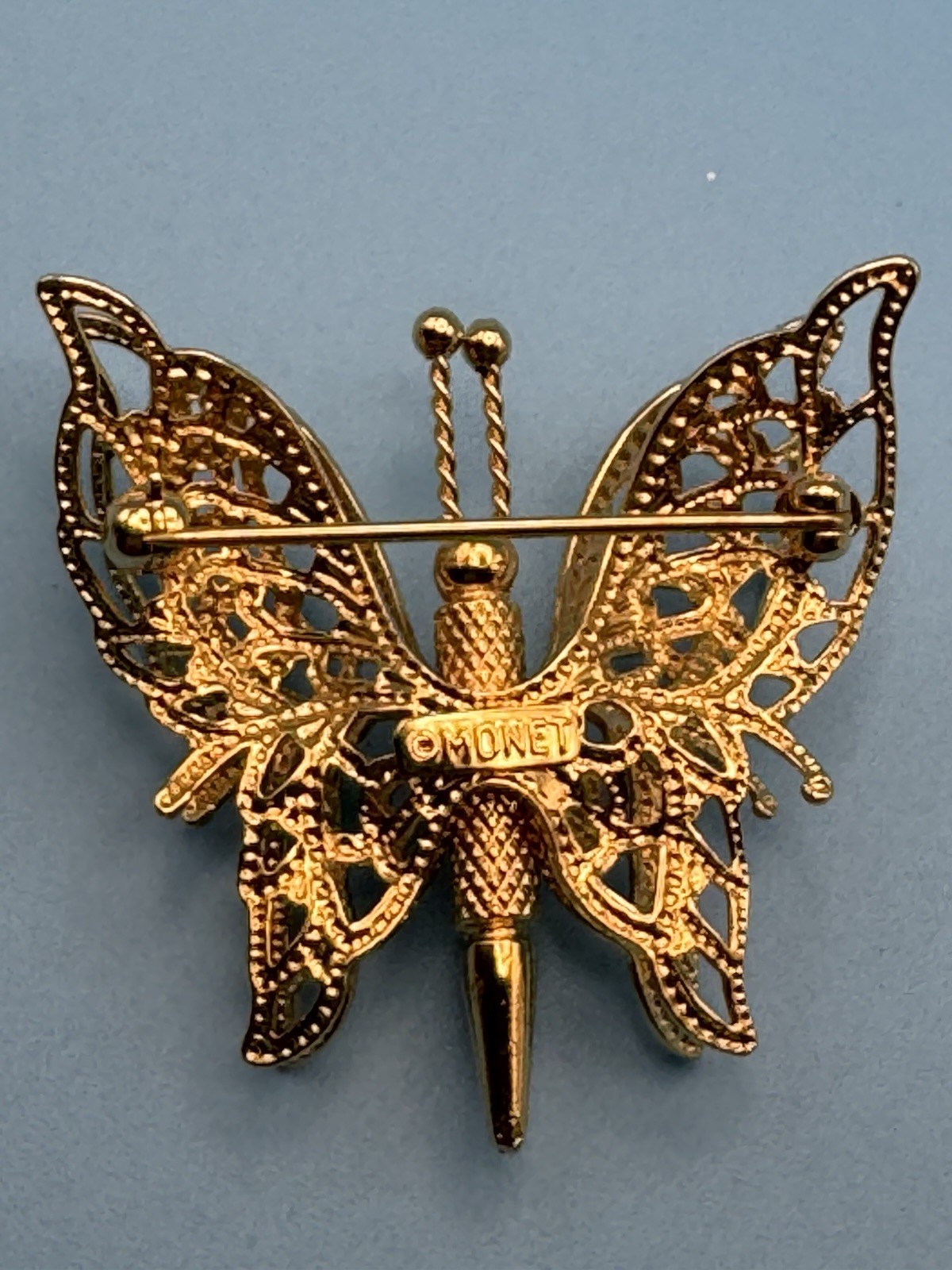 Vintage Monet Signed Gold Tone Butterfly Brooch Pin 3D Filigree Double Wing