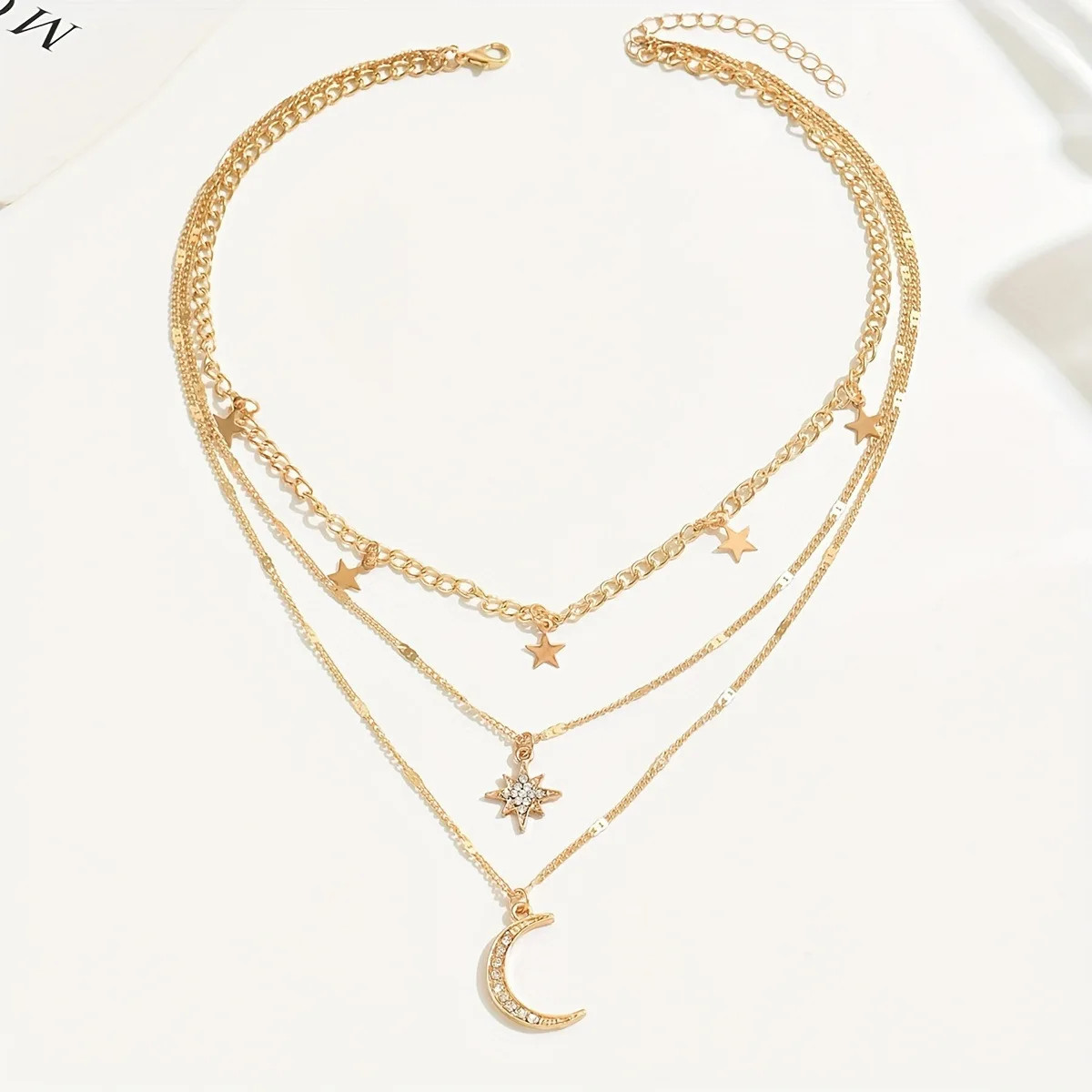 Bohemian Layered Star Moon Necklace for Women Gold Plated Chain with Rhinestone