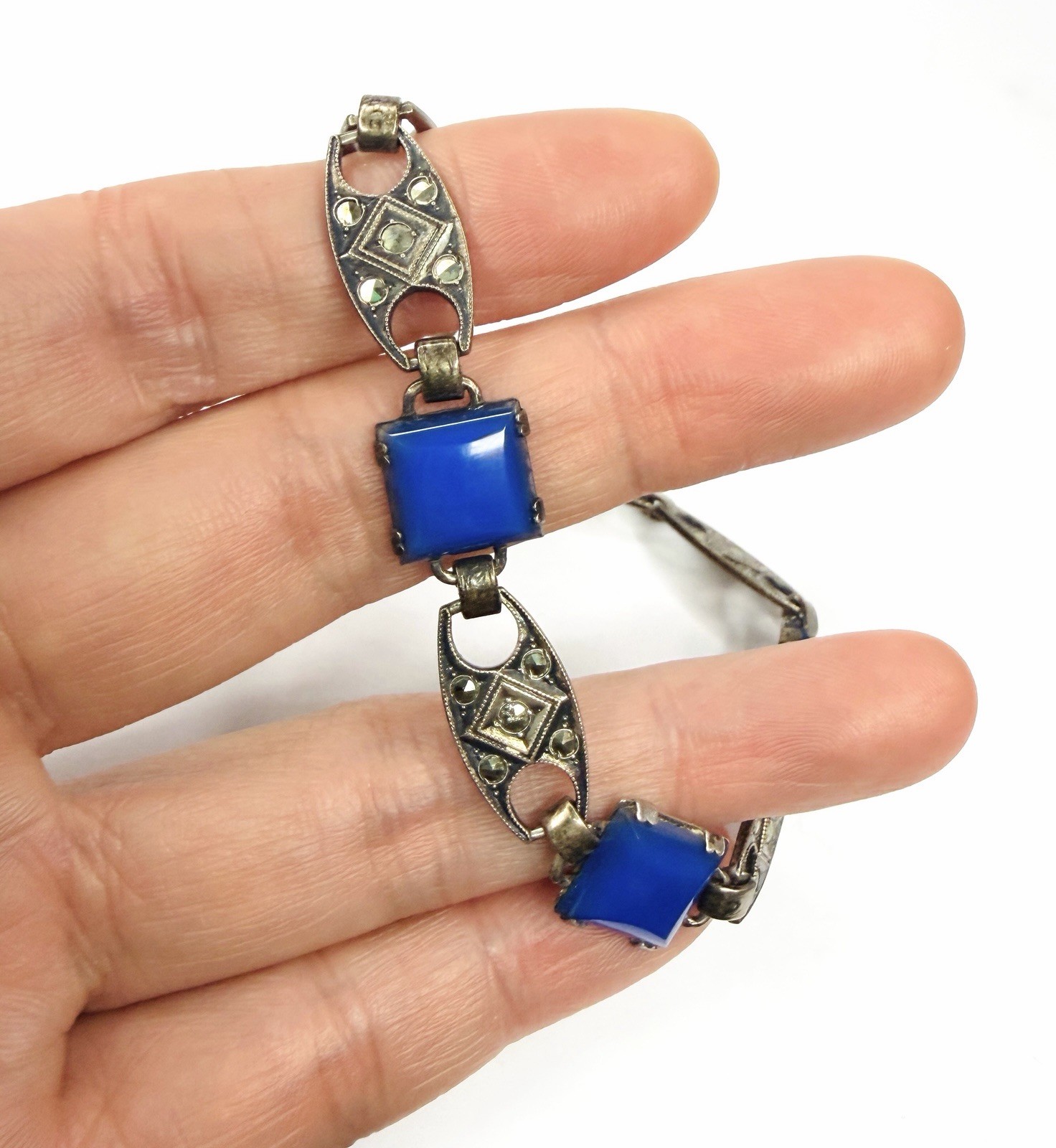 Rare Antique Art Deco Bracelet Blue Square Chalcedony Glass Beautiful Marcasite