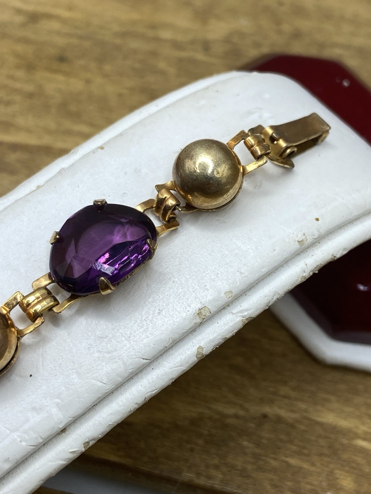 Vintage 1950s Bal-Ron Signed 12k GF Purple Czech Glass Bracelet 6.5”