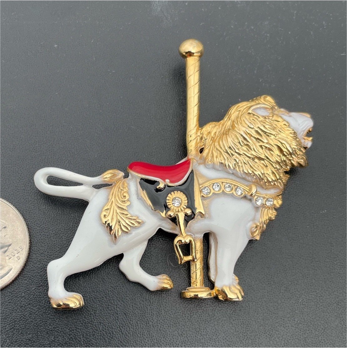 Gold Tone Lion Carousel Brooch Enamel Animal Theme White Red Decorative