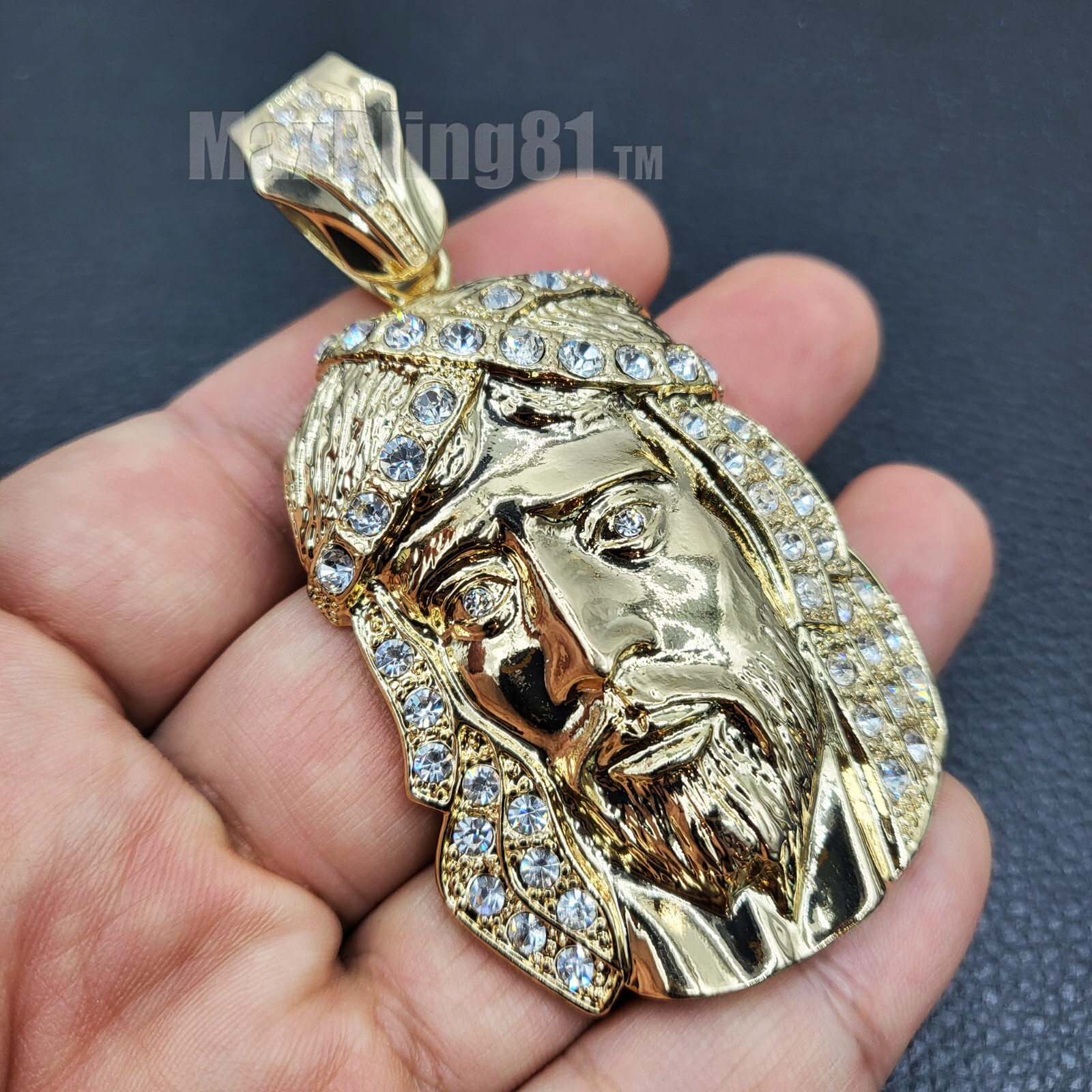 HIP HOP ICED GOLD PLATED LARGE JESUS HEAD CHARM CUBIC ZIRCONIA PENDANT JEWELRY