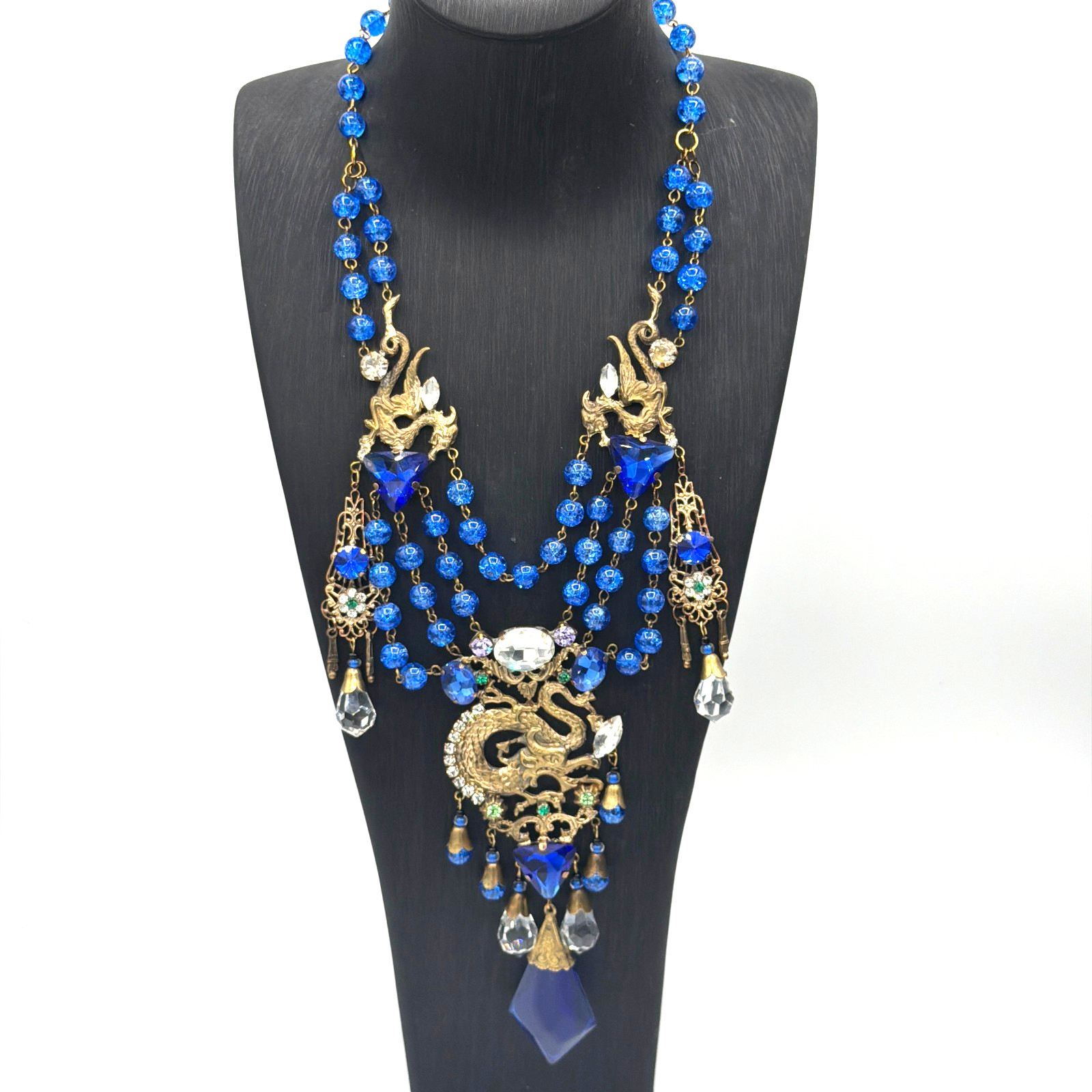 Vintage Czech Glass Necklace Blue Beads Multi Strand Dragon Motif Statement