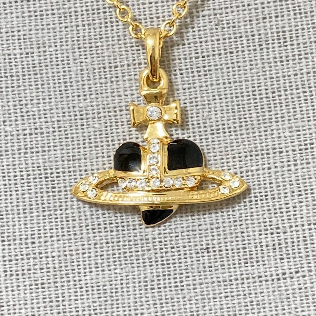 Vivienne Westwood Diamante Black Heart Orb Necklace Pendant Gold with drawstring