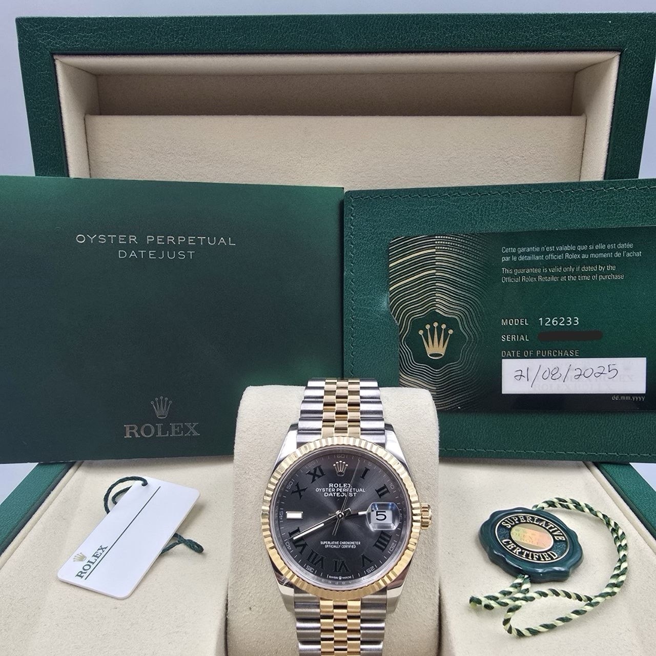 PAPERS 2025 Rolex Datejust 36mm Wimbledon Yellow Gold Fluted Jubilee 126233 BOX