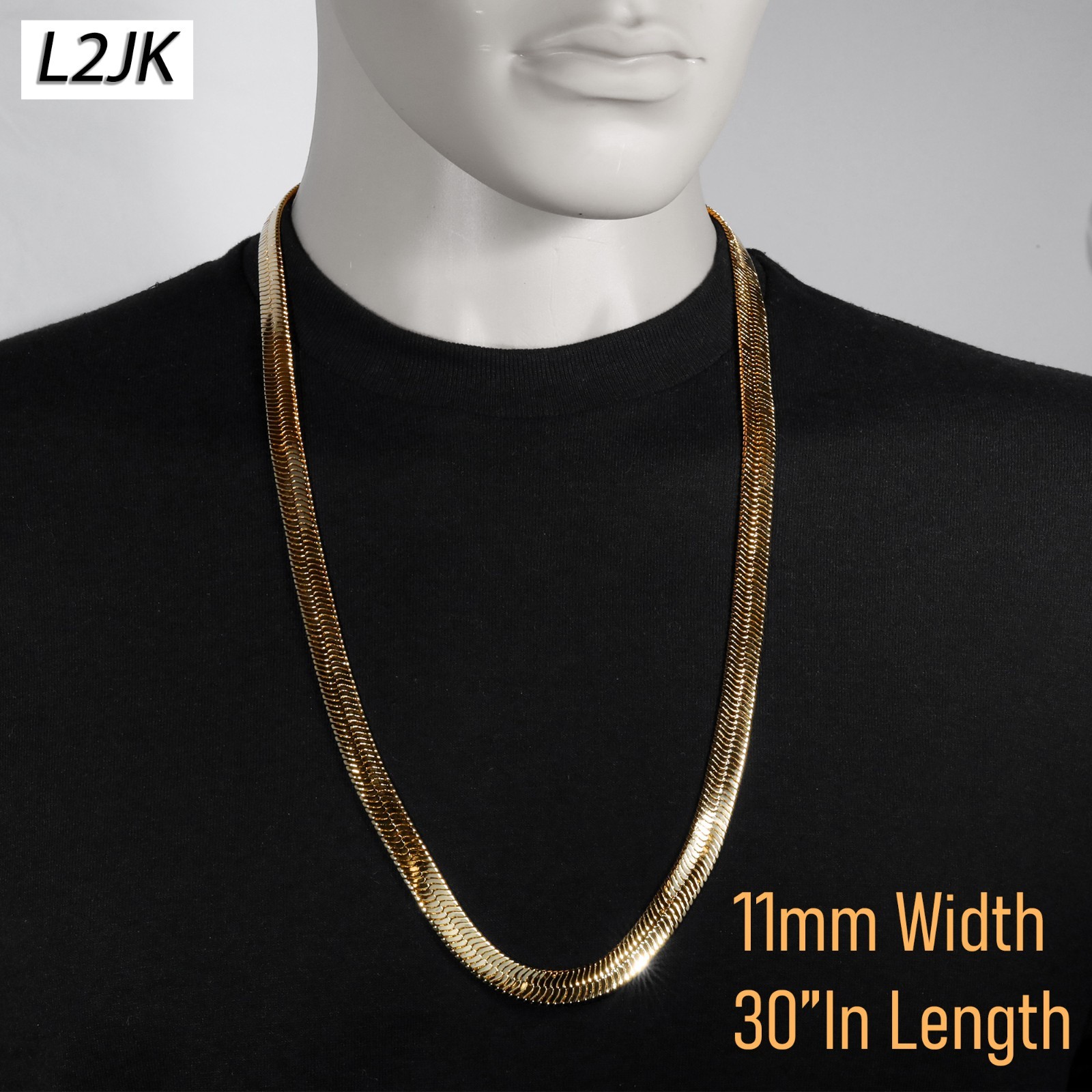 14K Gold Chain Necklace Herringbone 11mm 30″In | Silver & Rose Gold Plated Snake