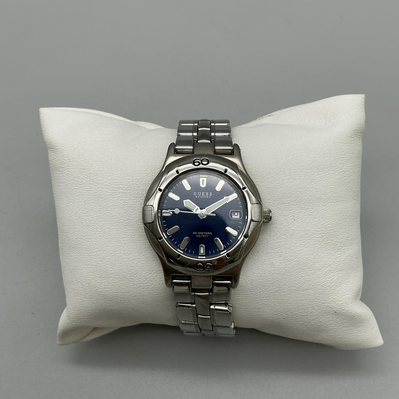 Guess Waterpro Womens Watch 28mm Blue Dial Date Stainless New Battery 6.25″