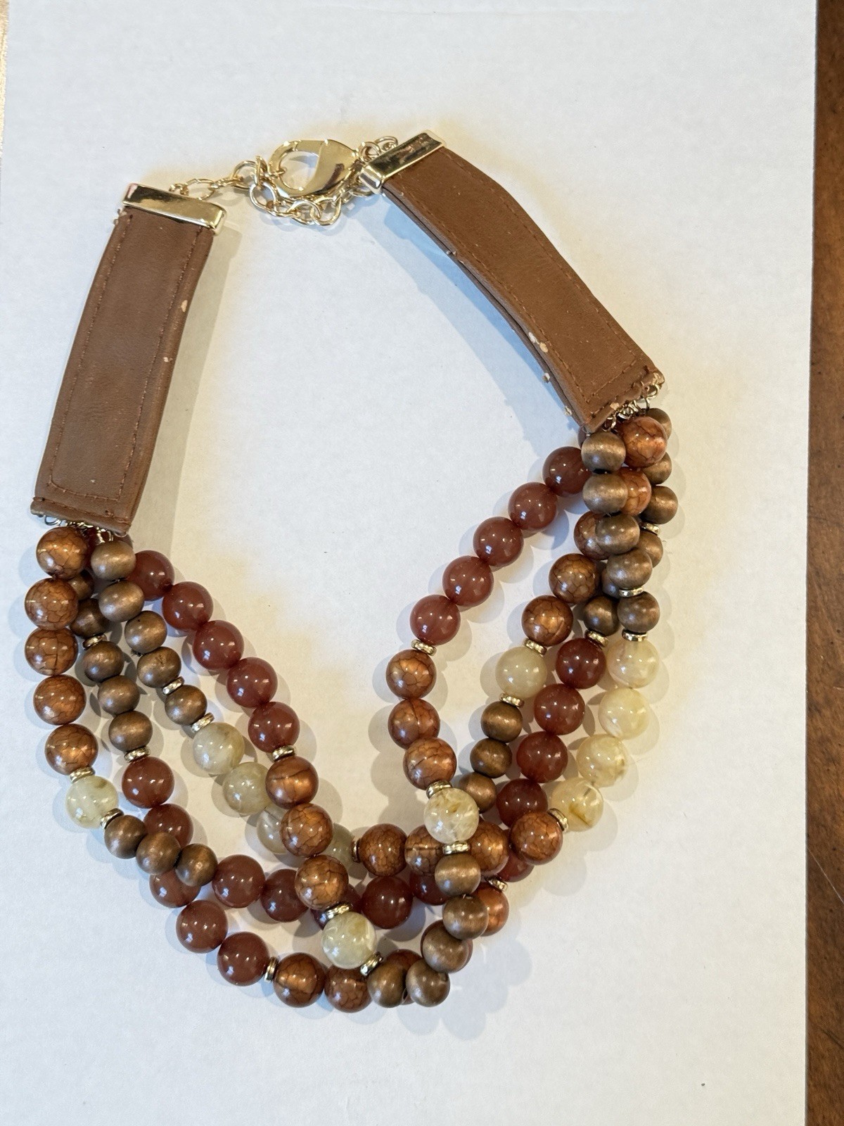 Multi-Strand Brown Beige Beaded Necklace Leather Accent Lobster Clasp Round