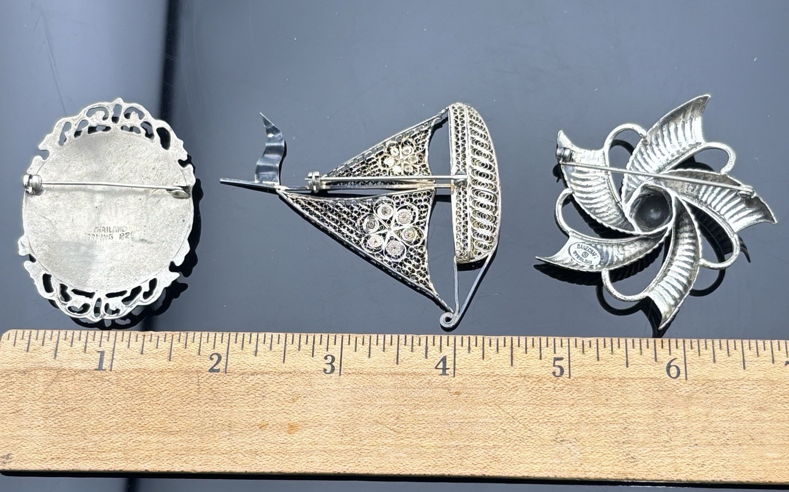 VTG Sterling Silver Brooch Lot Sailboat Dragon Boat Danecraft Pinwheel Filigree