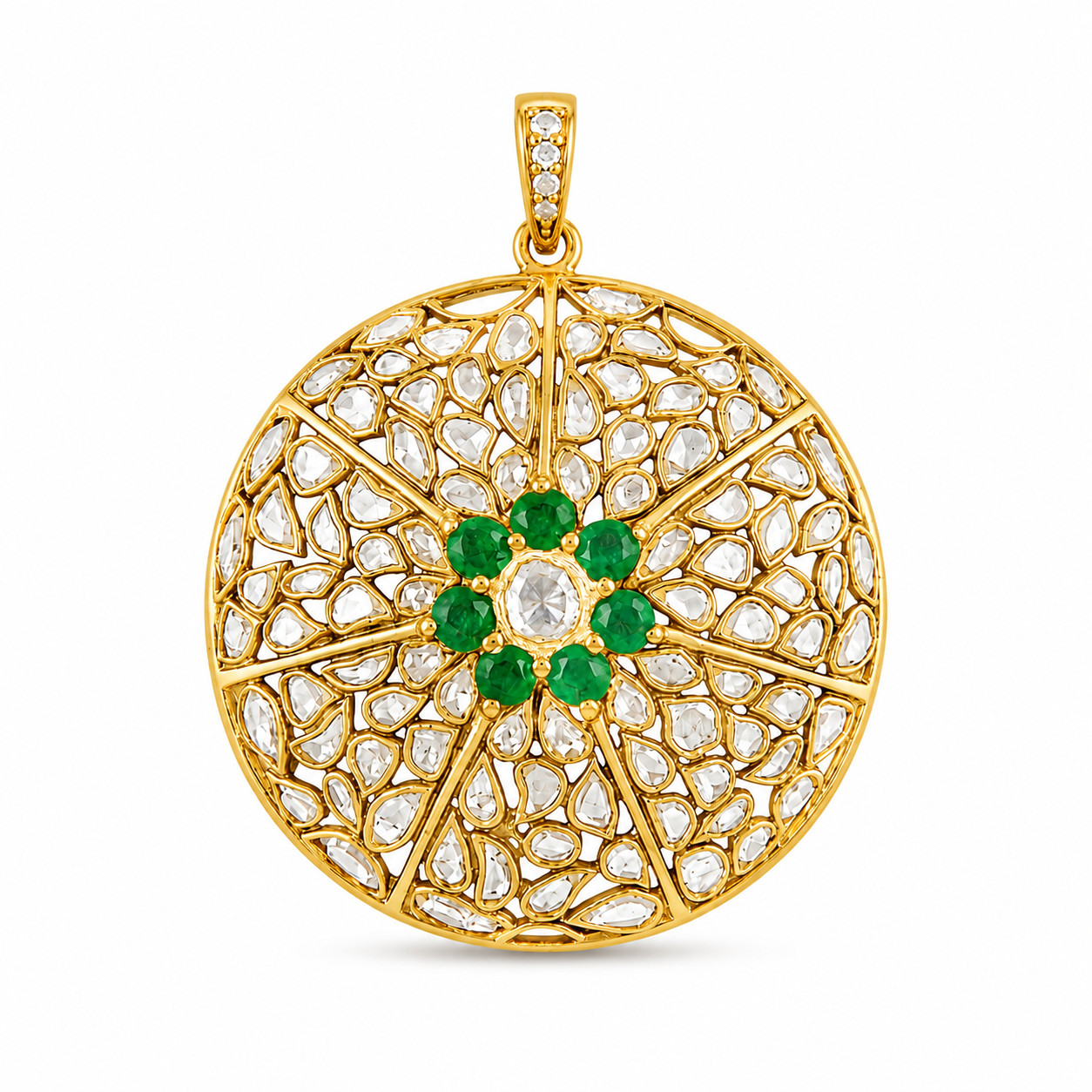 925 Sterling Silver Emerald Polki Pendant Black Rhodium Vintage Floral Pendant