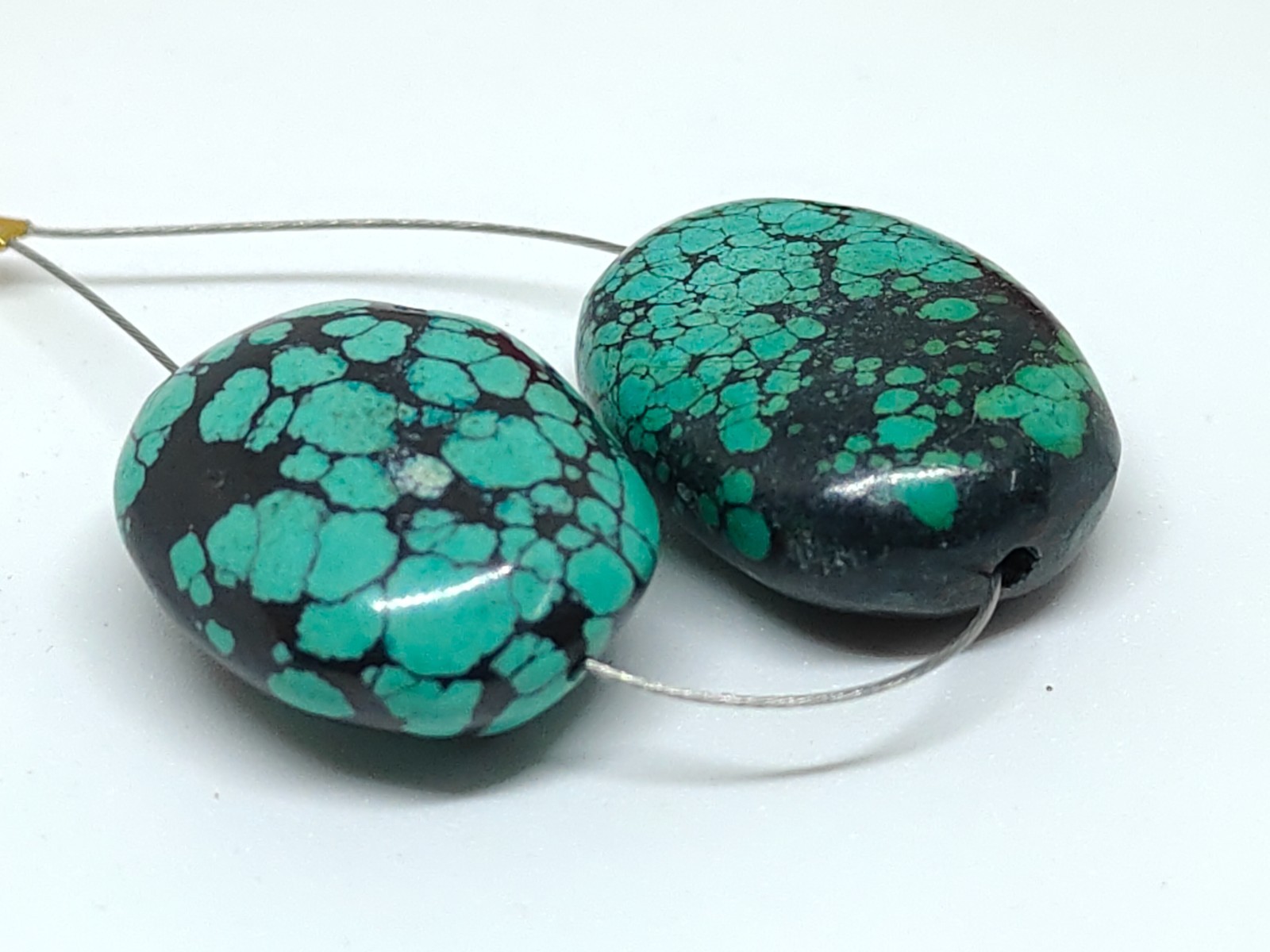 Tibetan Turquoise Oval Beads -Natural Handmade Polished Jewelry Making (2 Beads)