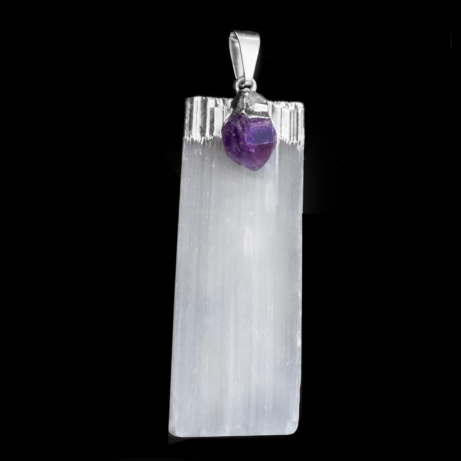 Amethyst Selenite Crystal Chakra Stone Pendant Sterling Silver Necklace CHARGED