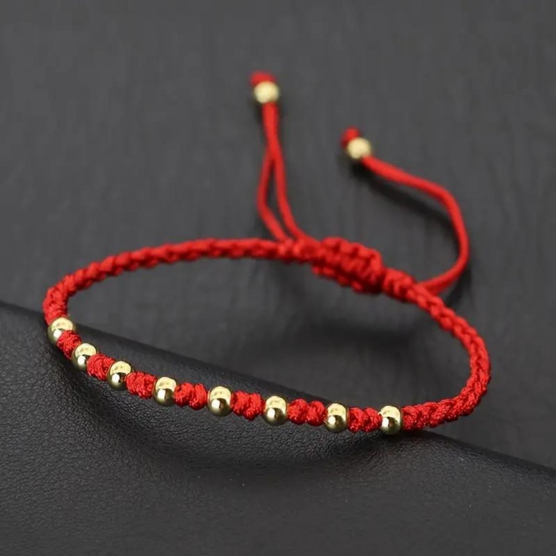 Red Woven Cord Gold-plated Small Round Bead Lucky Bracelet Adjustable Drawstring