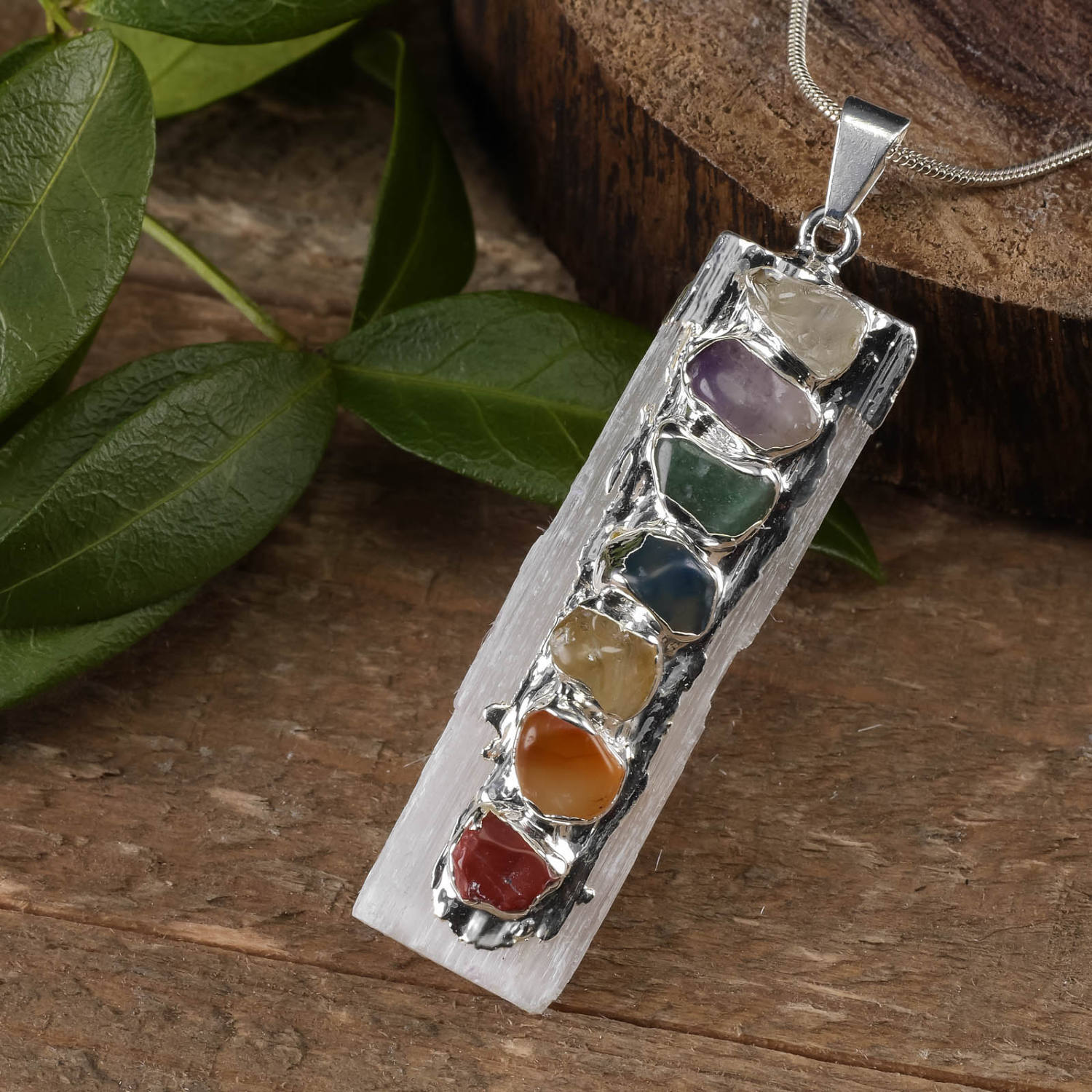 Selenite 7 Chakra Gemstone Pendant Natural Crystal Reiki CHARGED Healin Necklace