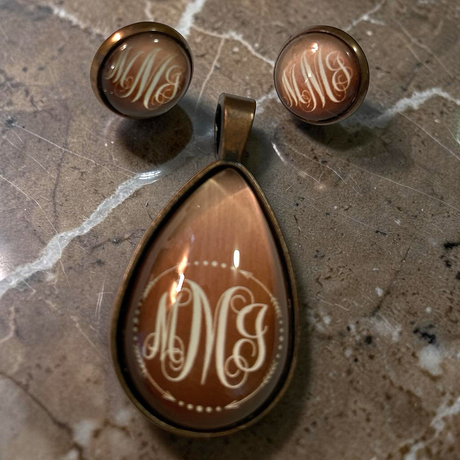 Personalized Monogram Initial Pendant MMG (or MMJ) Earrings Set Bronzed Metal