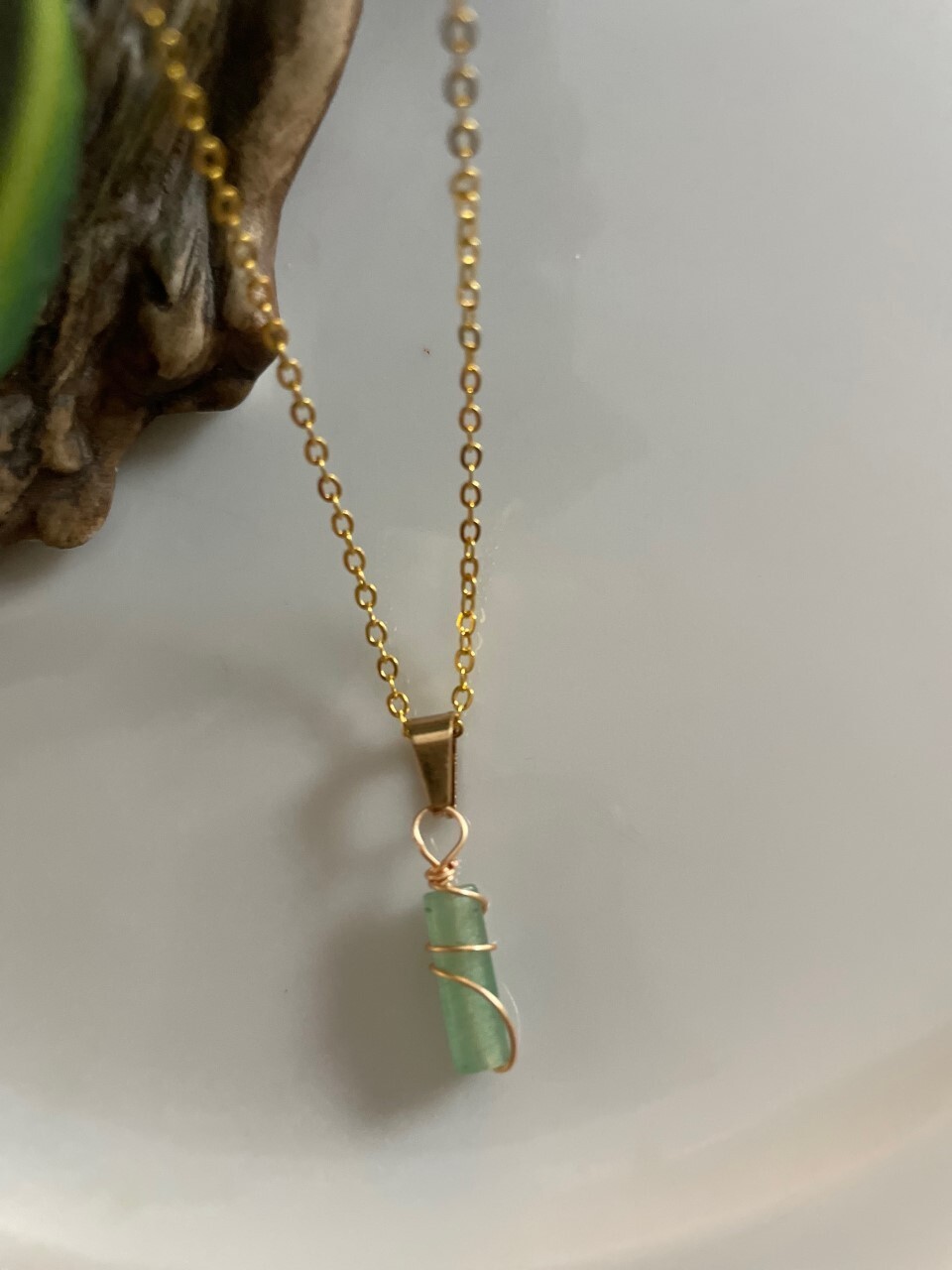Green Aventurine Stone Pendant Necklace Gold Chain Wire Wrap Simple Natural
