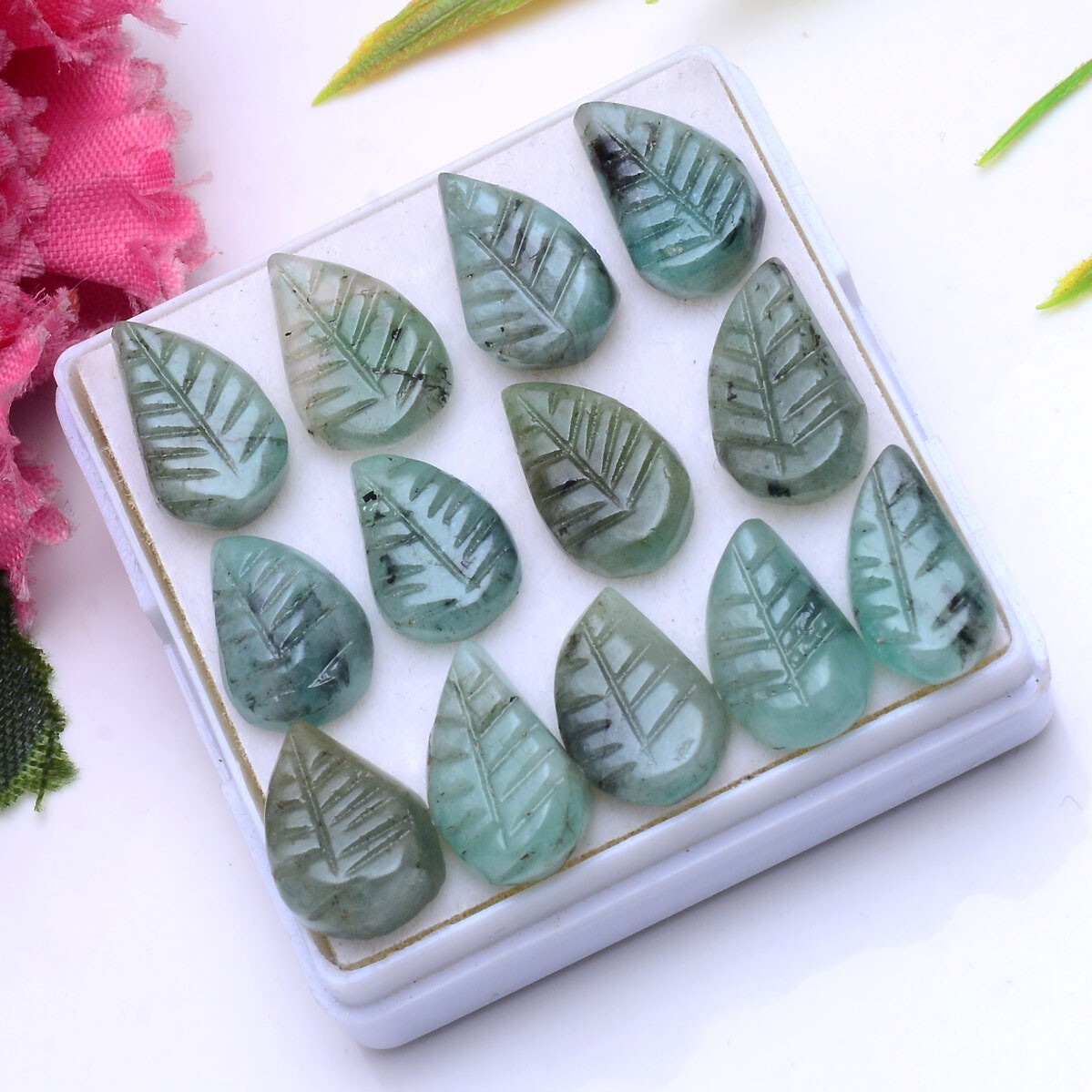 13 Pcs Natural Emerald Untreated 11mm-14mm Leaf Hand Carving Huge Gemstones Lot