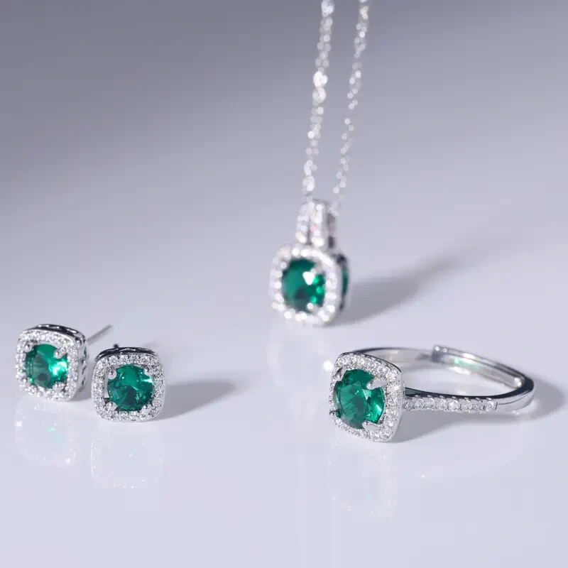 Ring Necklace & Earring Bridal Set Lab Created Emerald 14K White Gold Plated