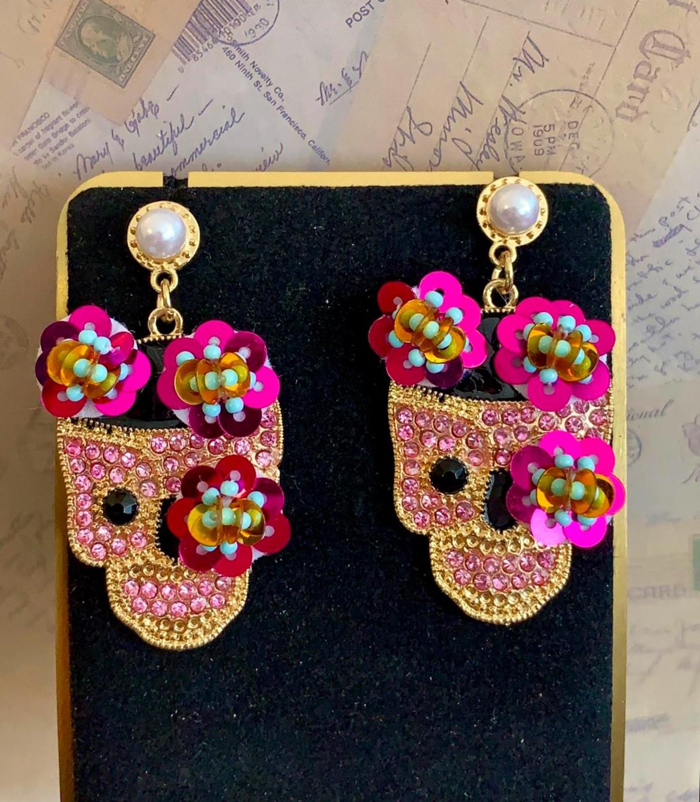 Pink Rhinestone Sugar Skull Drop Earrings – Floral Sequin Calavera Dangles