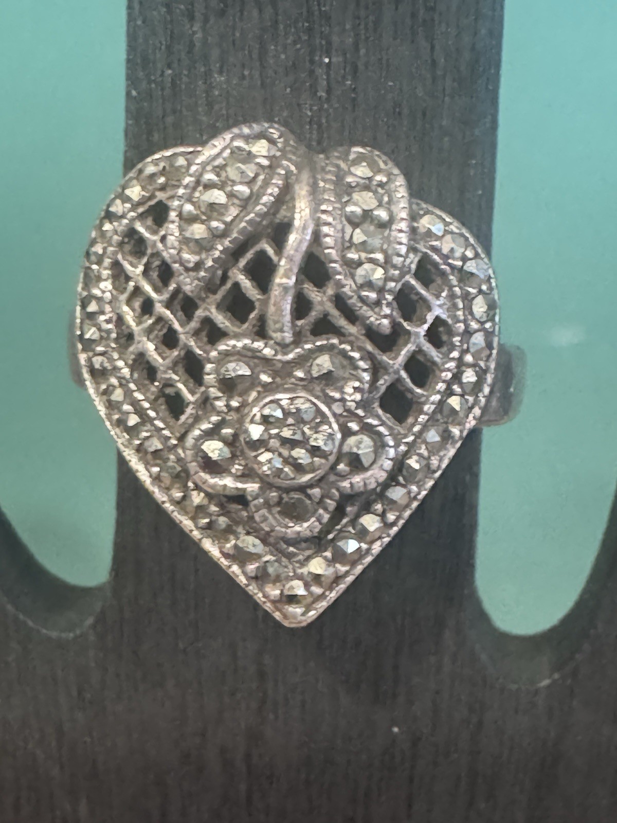 Vintage 925 Sterling Silver Marcasite Heart And Floral Ring Size 6.75