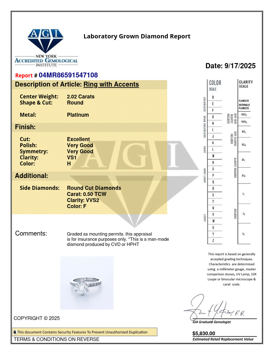 Engagement Ring Platinum Classic 2.52 Carat Round Lab-Grown Diamond H VS1