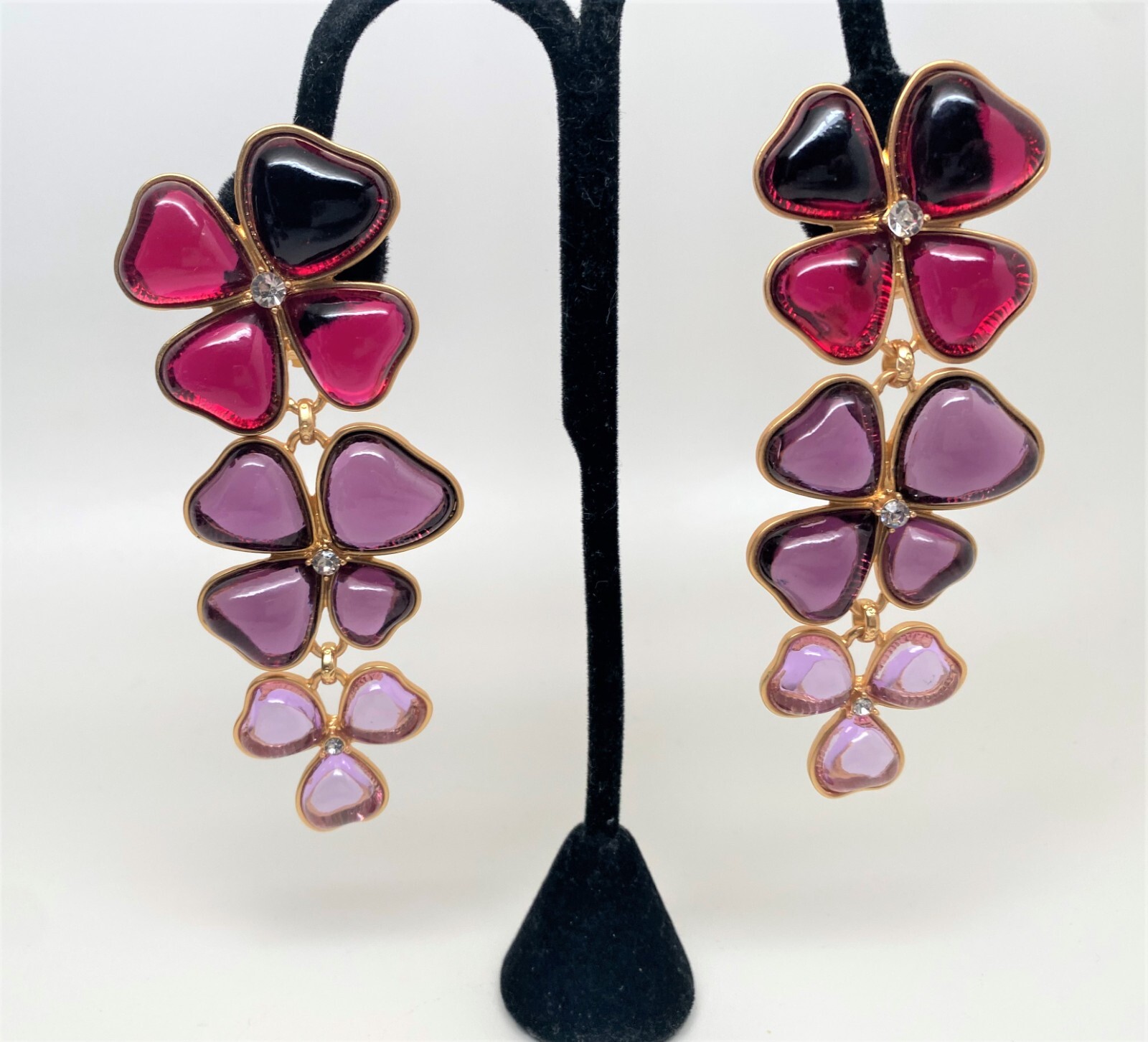 Vibrant Red, Purple & Pink Glass Cabochon Gold Plated Clip on Long Earrings