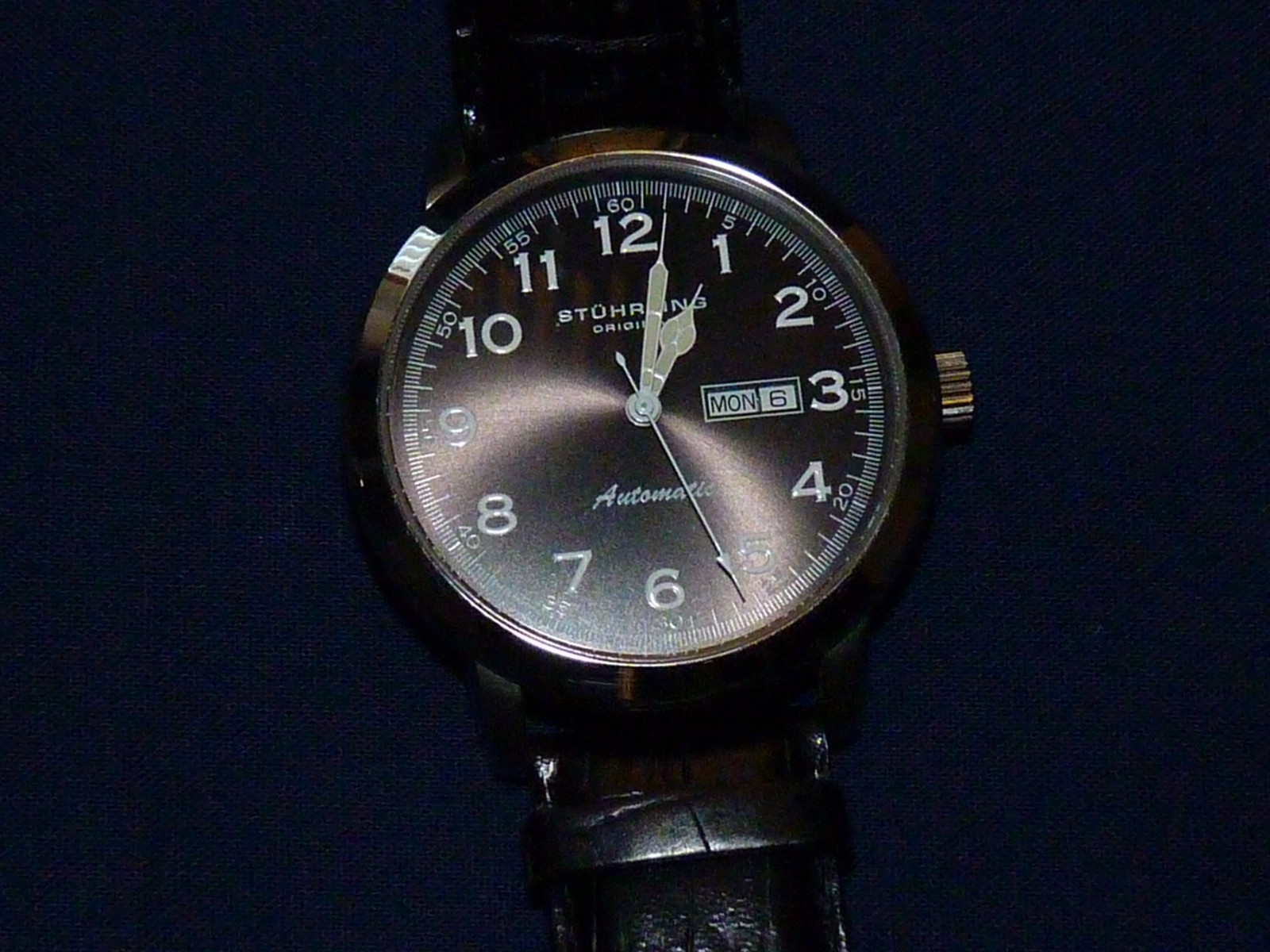 Stuhrling Original Lexus 44mm Day & Date, Charcoal Gray Dial, Black Strap, VG