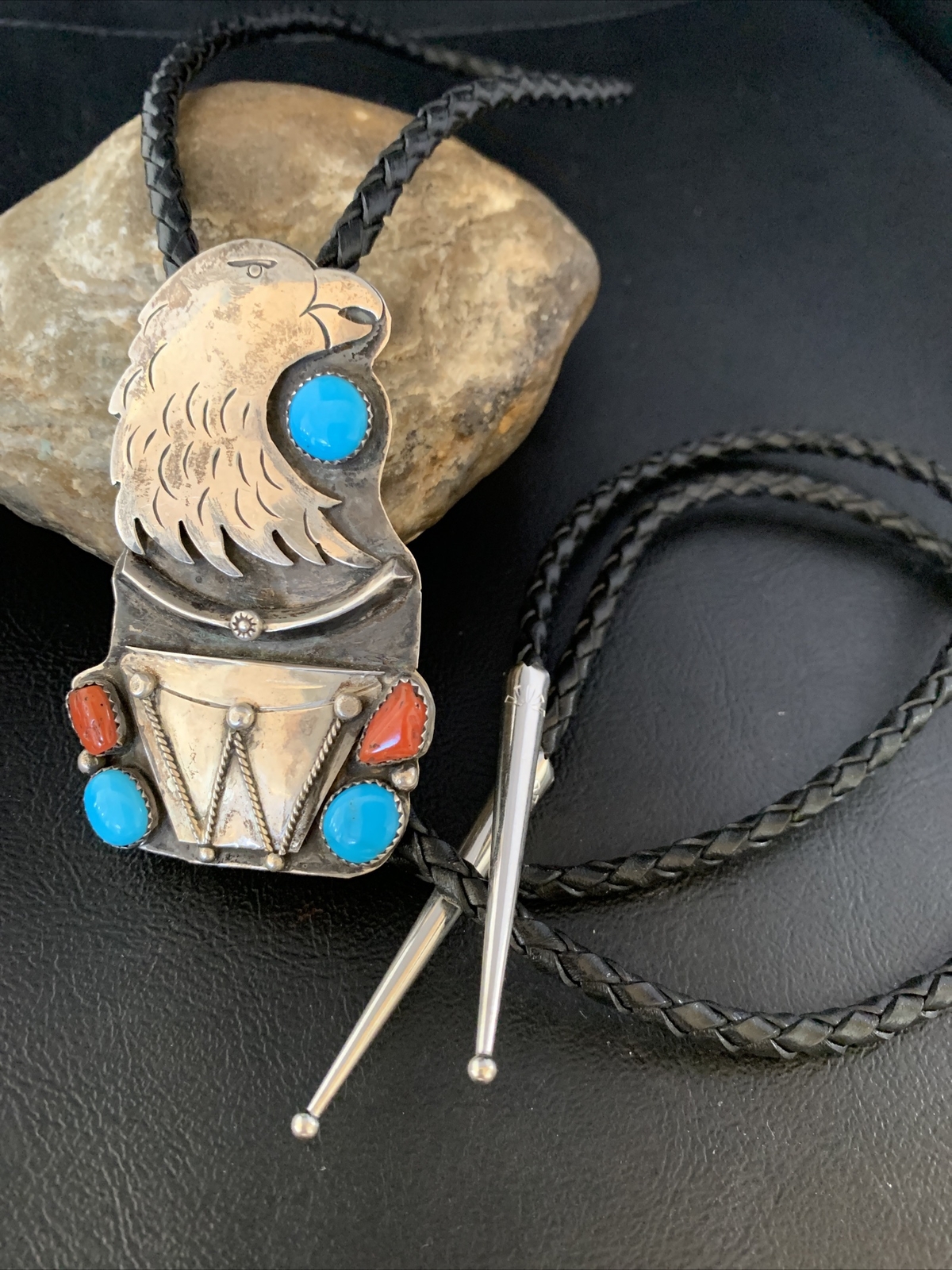 Eagle Head Bolo Tie Mens Blue Kingman Turquoise Coral Sterling Navajo 13670