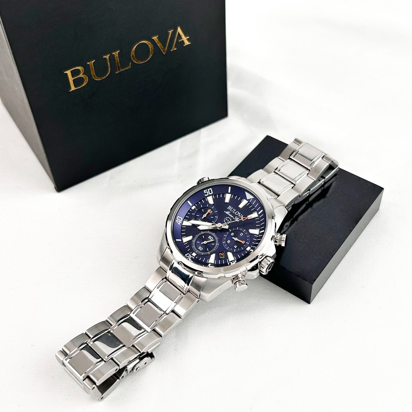 New w/box/Bulova Marine Star 96B256 Blue Dial Chronograph Men’s Quartz Watch