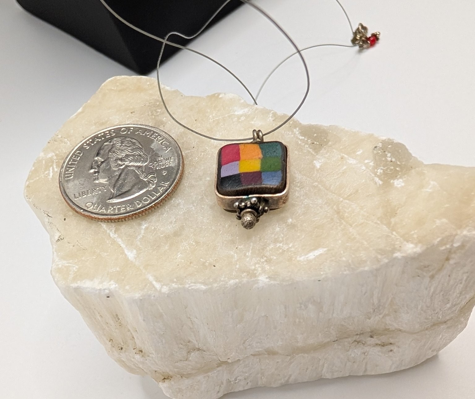 Sterling Silver Pendant Necklace w Colorful Inlay Moasic approx18 Inch 3.2 grams