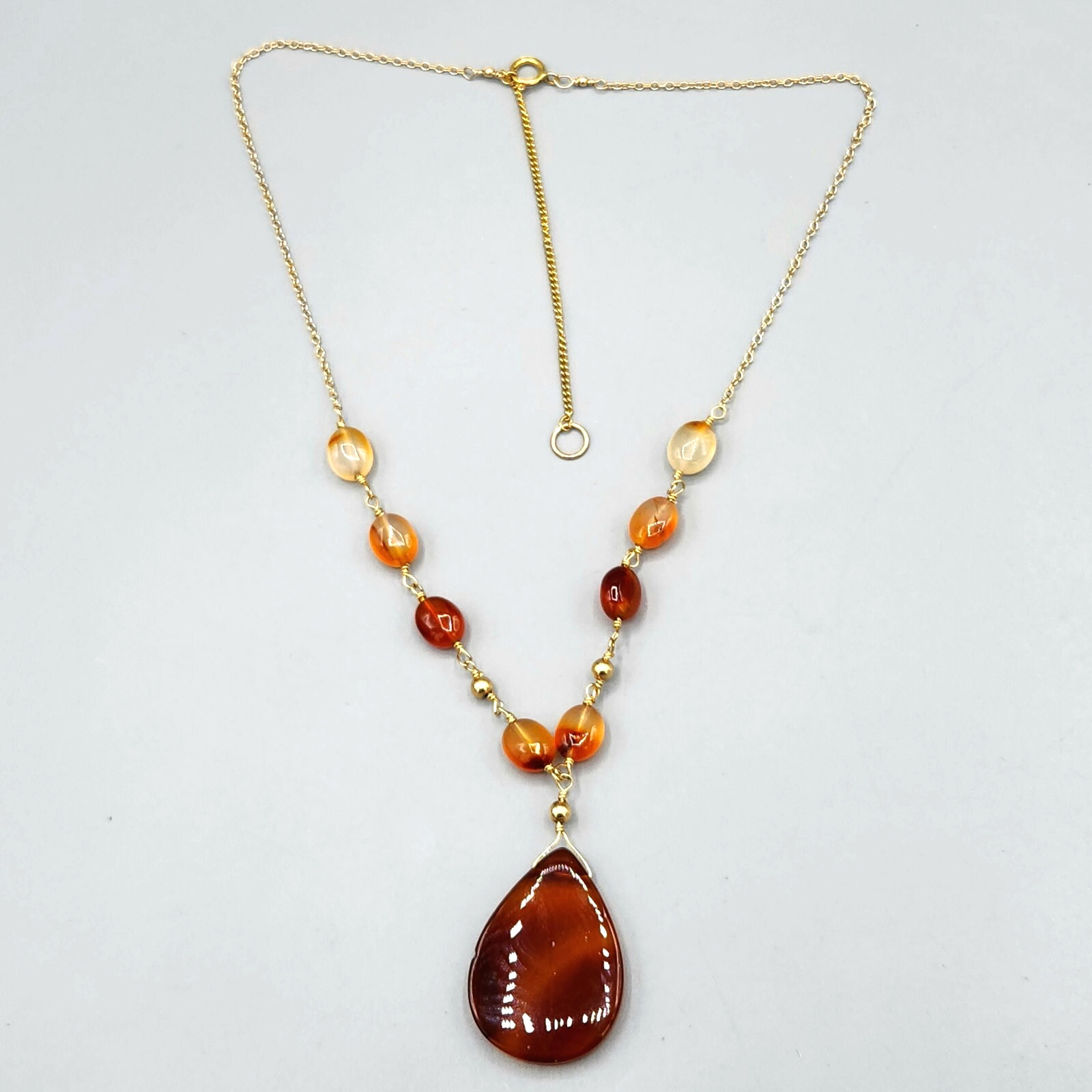Artisan Teardrop Carnelian Bead Gold Fill Wire Wrap Sautoir Necklace 20″ 15.2g