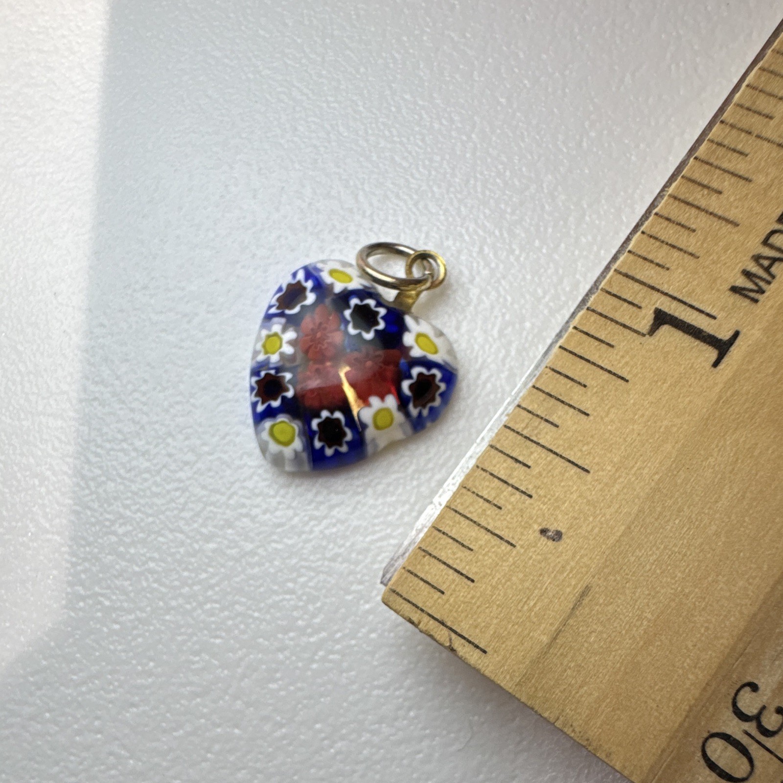Heart Charm Pendant, Multicolor Glass, Floral Pattern, Love Theme, No Stone