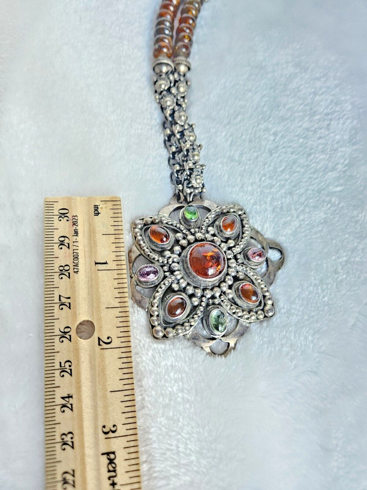 Vintage 925 Solid Sterling Silver Multicolor Amber Large Pendant Necklace
