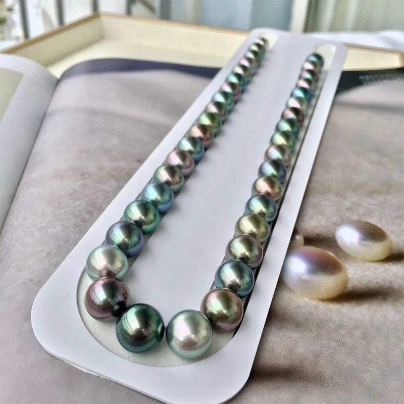 Rare Multi-gray Peacock black Tahitian Pearl 10-11.6mm Top Quality Necklace 43cm