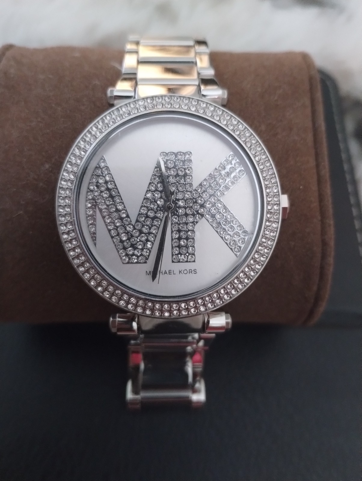 Michael Kors Parker Womens Glitz Watch, Pave MK Logo Dial, Stainless Steel Band